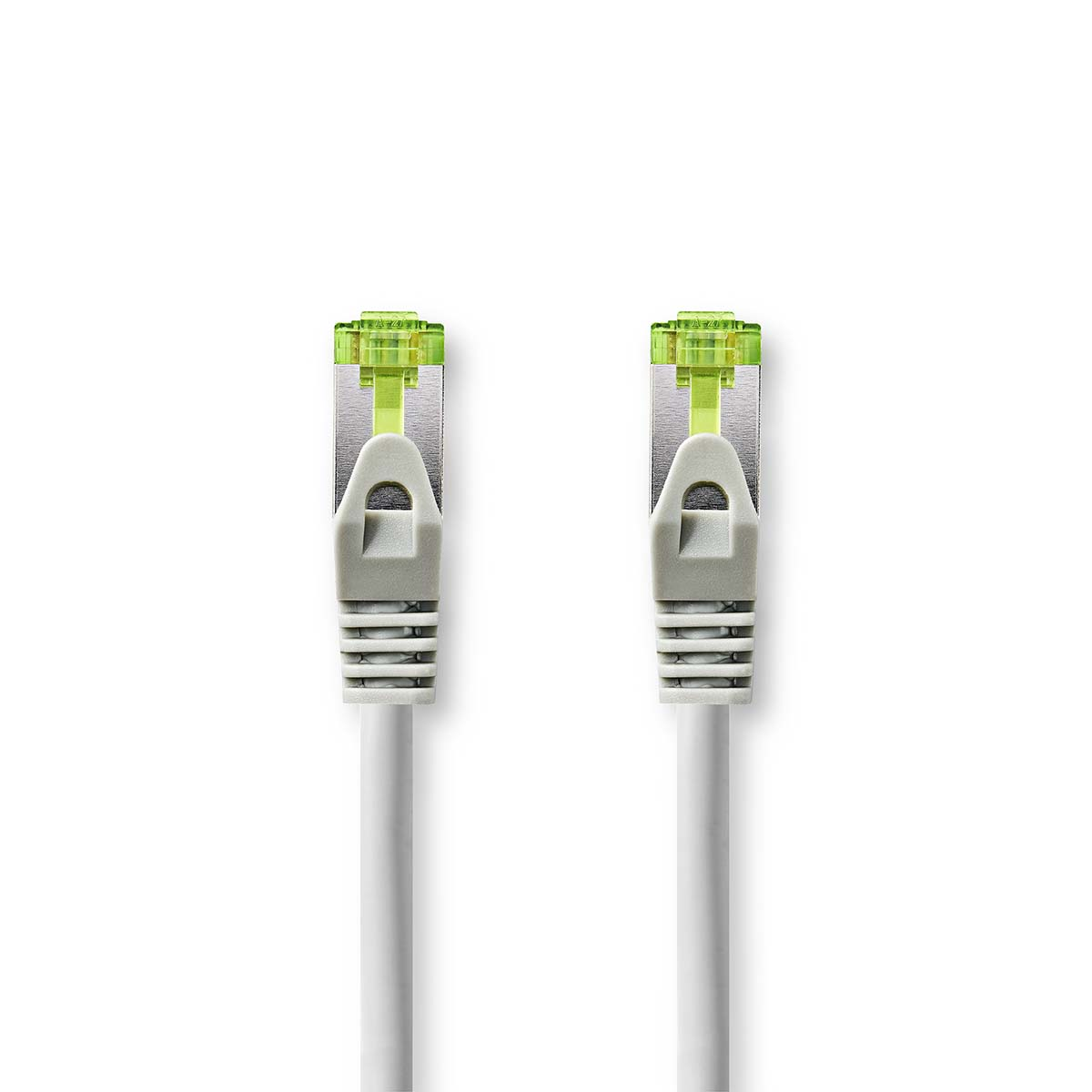 Two white network cables with green connectors on a white background.