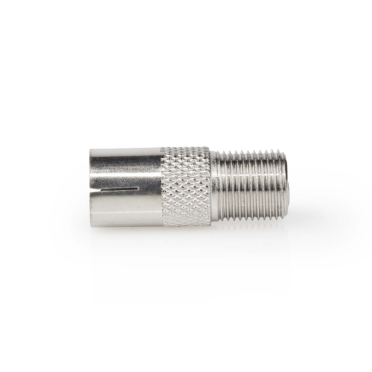 Silberner Koaxialkabelstecker mit Gewinde und strukturierter Oberfläche.