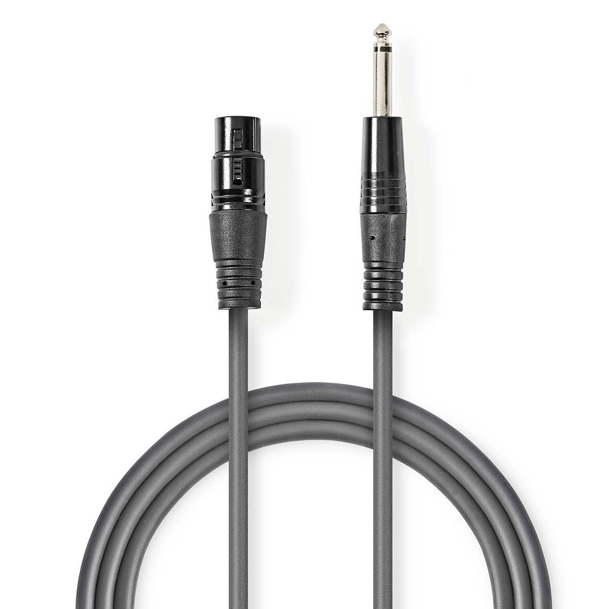 Een grijze audiokabel met XLR- en 6,35 mm-connectoren op een witte achtergrond.