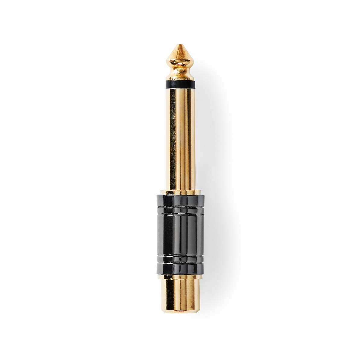 Adattatore jack audio oro e nero su sfondo bianco. È centrato.