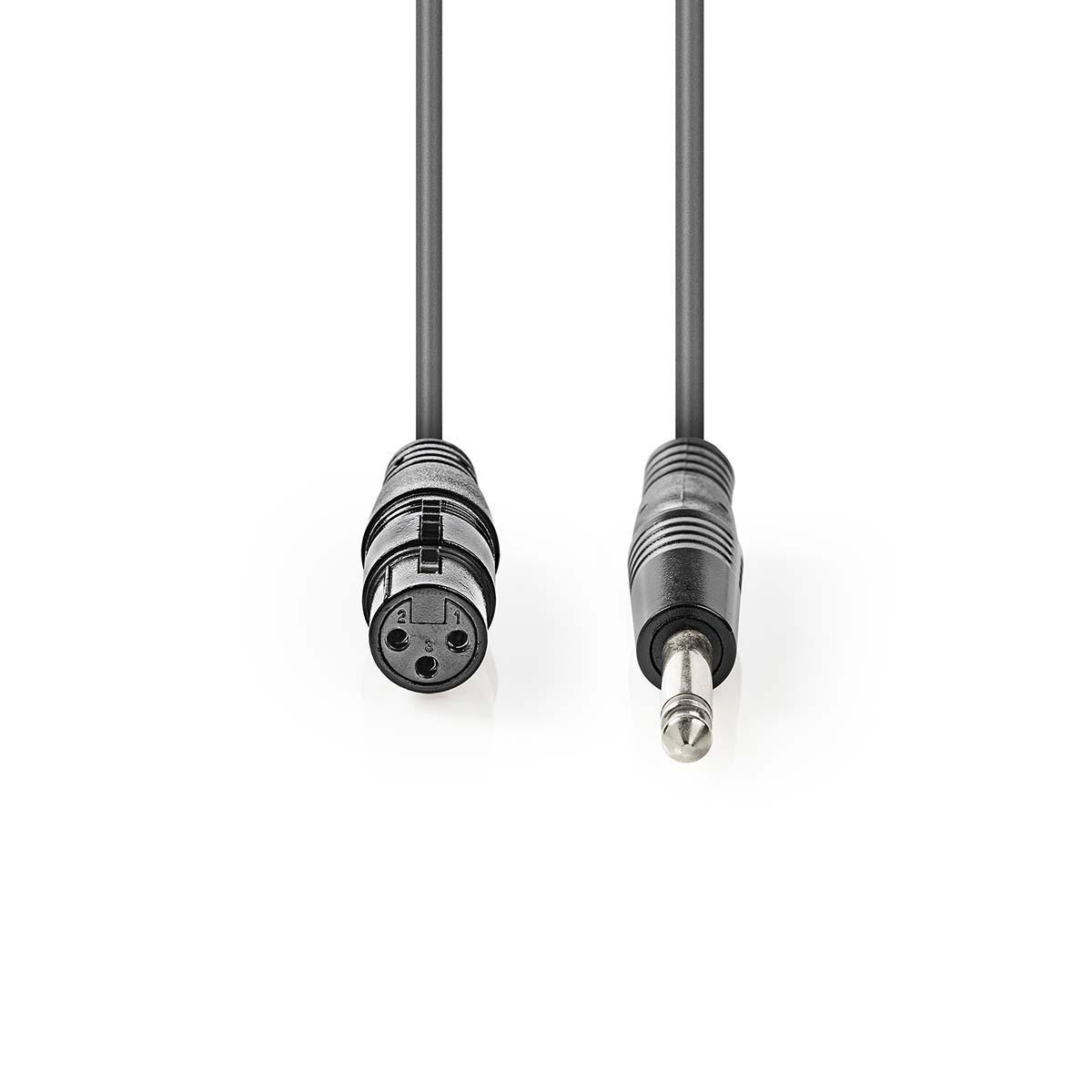 Zwarte audiokabel met XLR- en jack-connectoren, op een witte achtergrond.