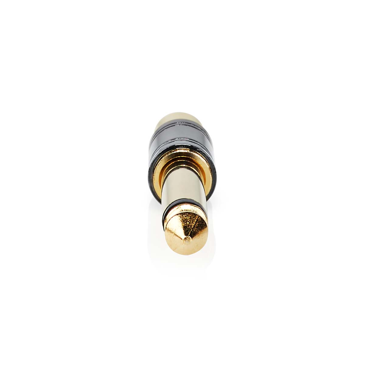 Jack audio oro e nero. È un connettore audio con punta dorata e base nera.