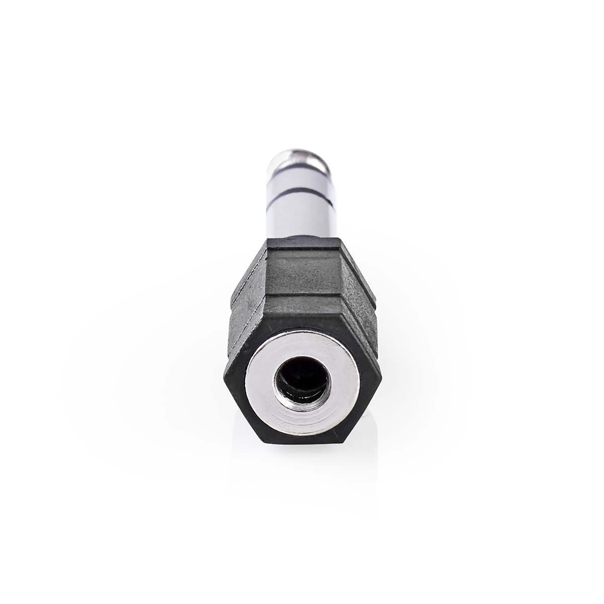 Adattatore audio nero e argento con jack da 3,5 mm e porta femmina.