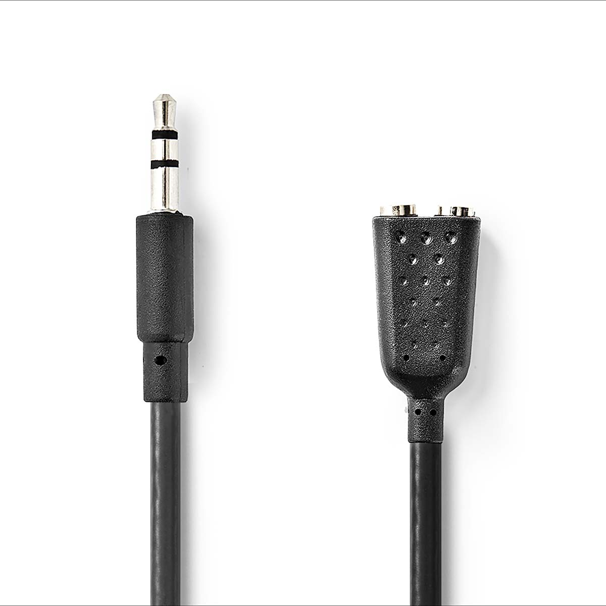 Black audio cable with a 3.5mm jack and two RCA connectors. The connectors are black.