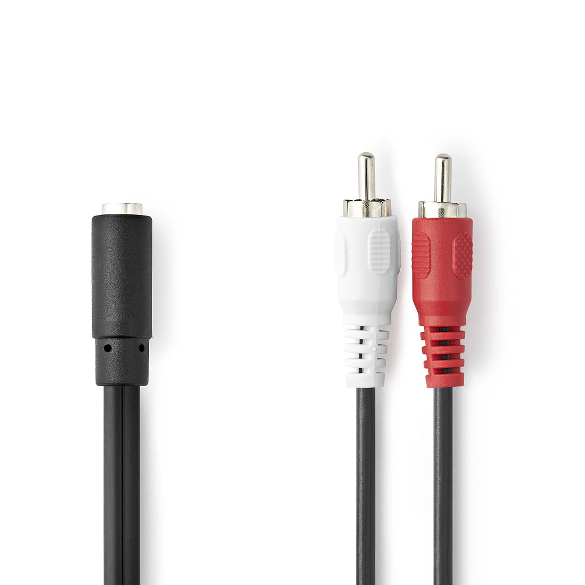 A black jack and two RCA audio cables, white and red, on white background.