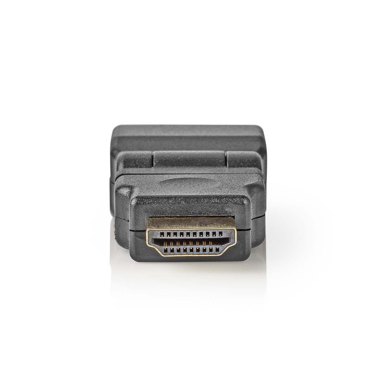 Connettore HDMI. Alloggiamento in plastica nera con 19 pin. Sfondo bianco.