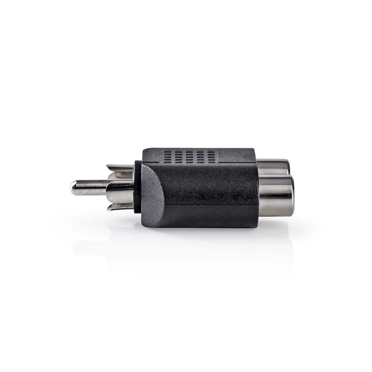 Un adattatore RCA nero con connettori argentati su sfondo bianco.