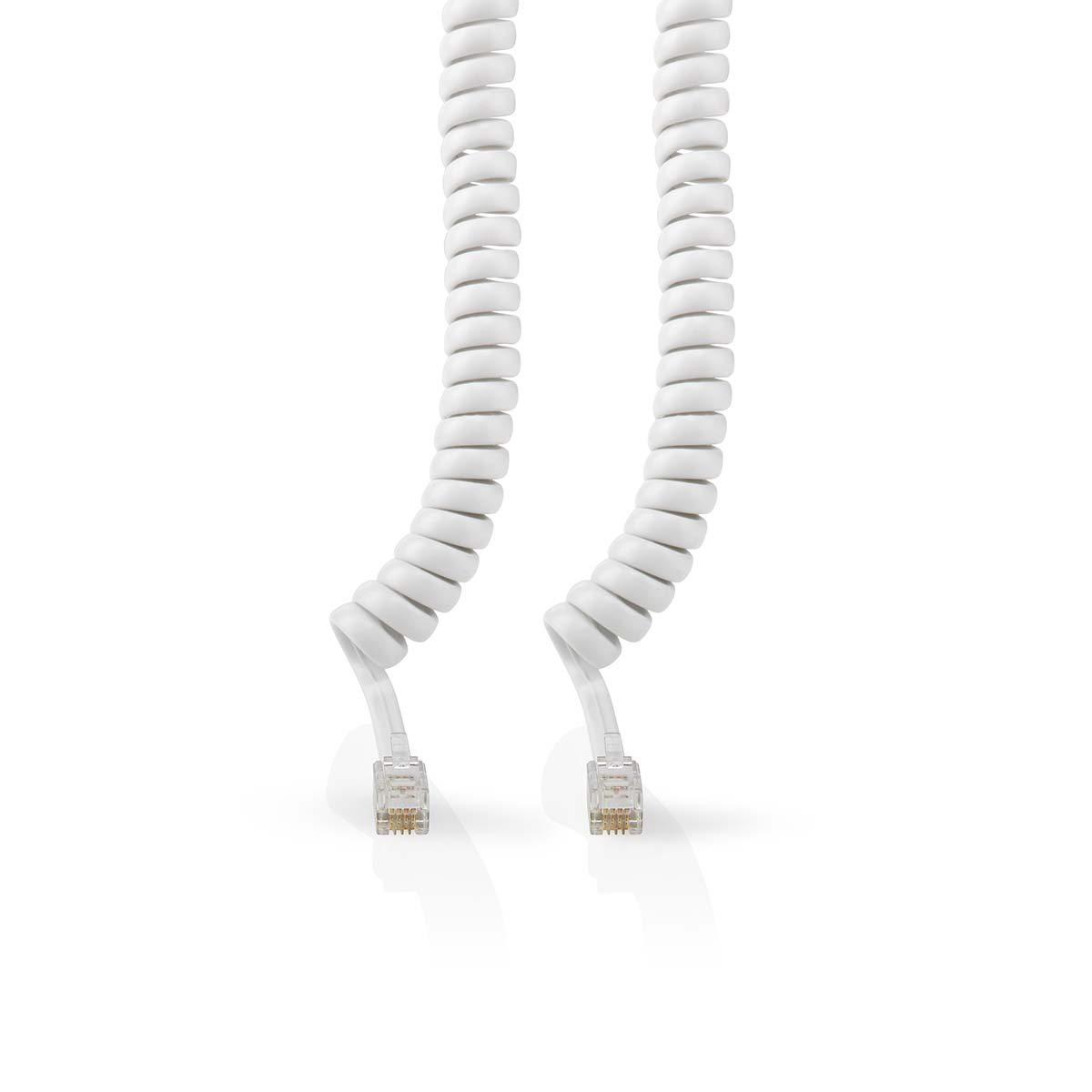 Dwa białe spiralne kable telefoniczne z przezroczystymi wtykami.