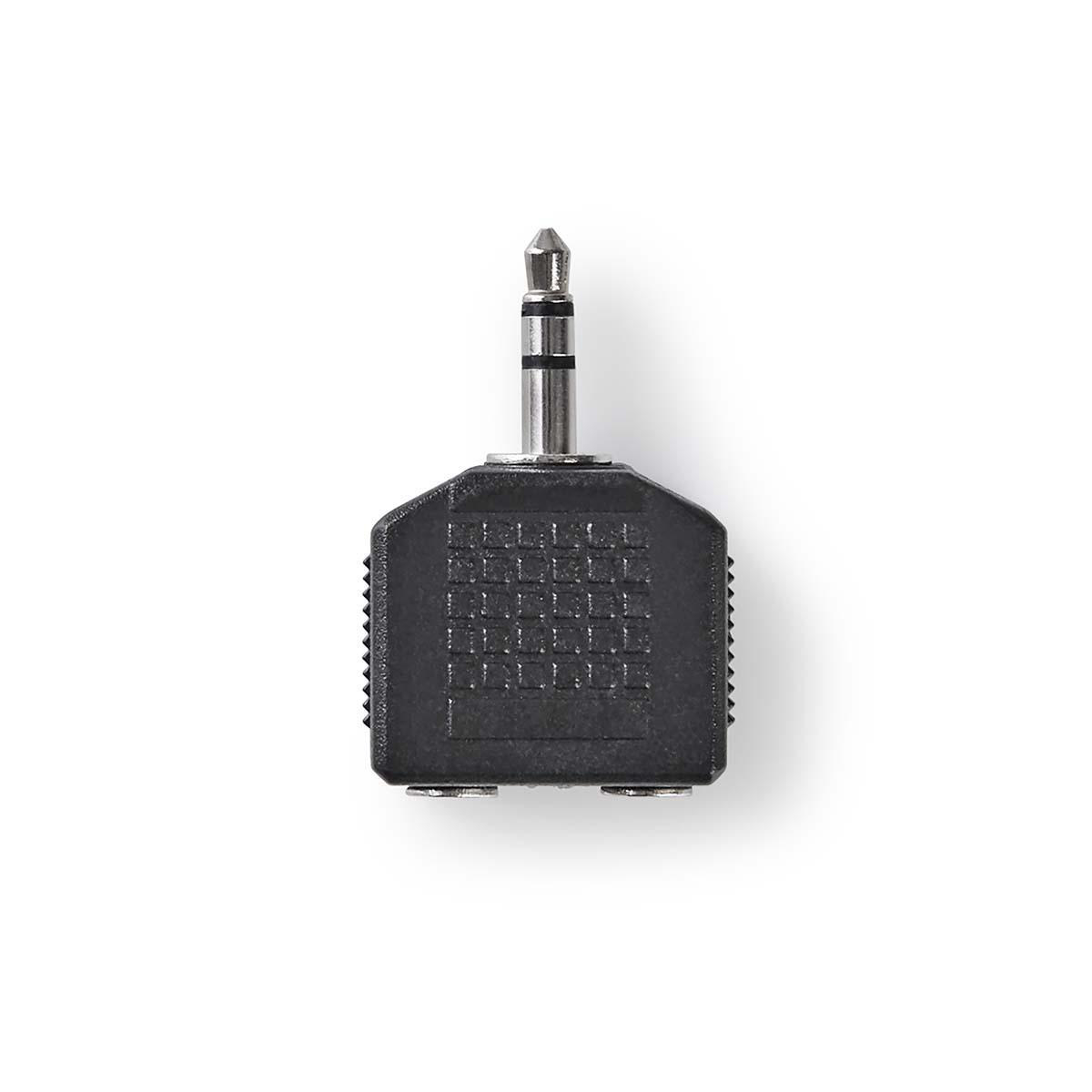 Schwarzer Kopfhörer-Splitter mit silbernem Stecker, auf weißem Hintergrund.