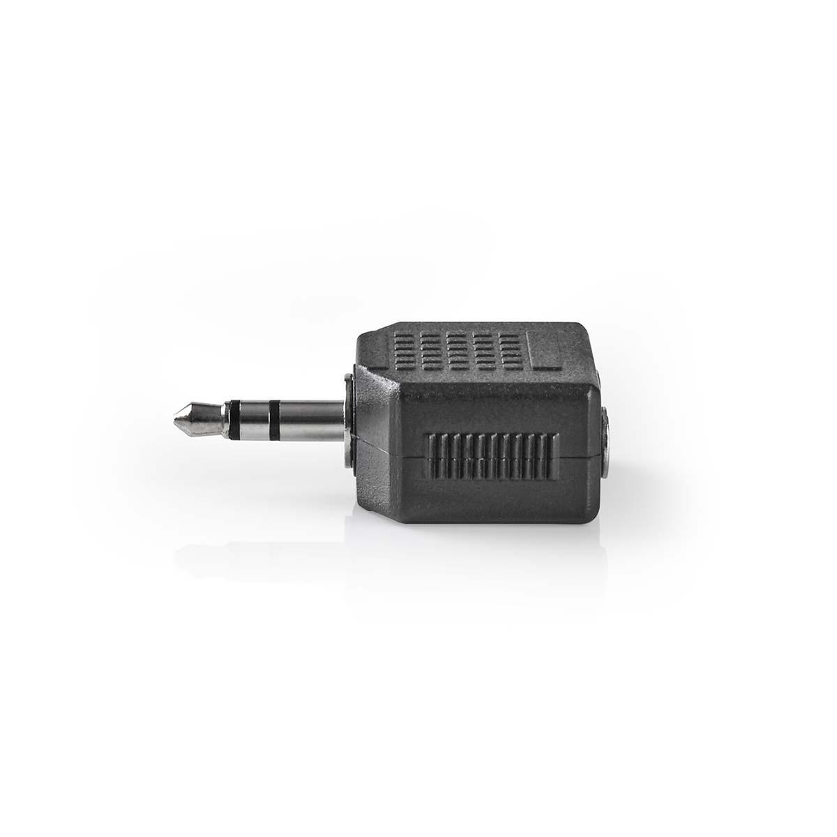 Schwarzer Audioadapter mit 3,5-mm-Klinkeneingang und Stecker auf Weiß.
