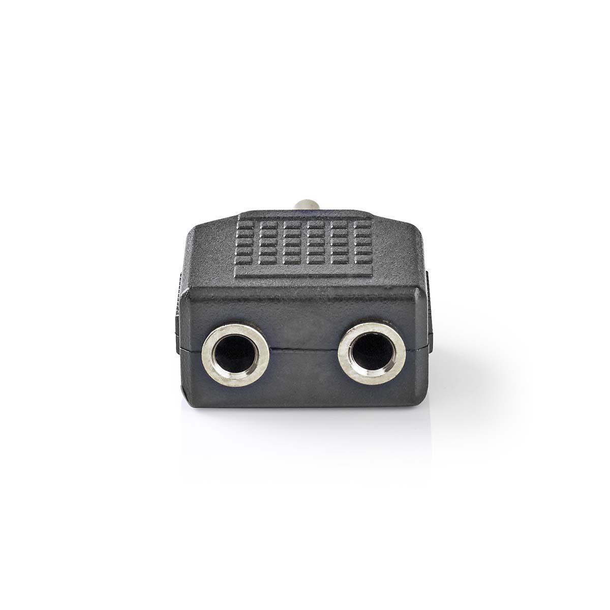 Schwarzer 3,5-mm-Klinken-Splitter mit zwei Buchsen. Weißer Hintergrund.