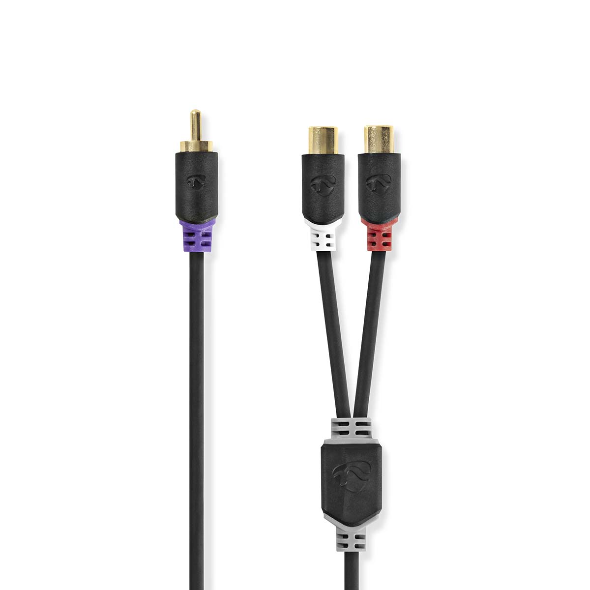 Audio cable with three connectors: purple, red, and white. Black and gray details.