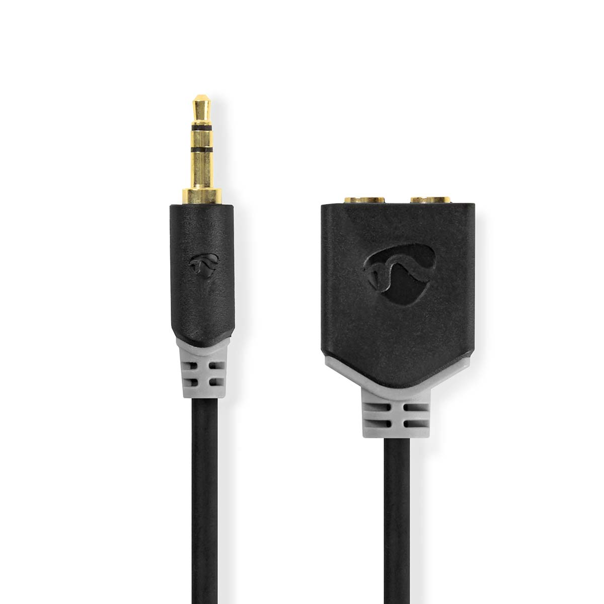 A black and gray 3.5mm audio splitter cable on a white background.