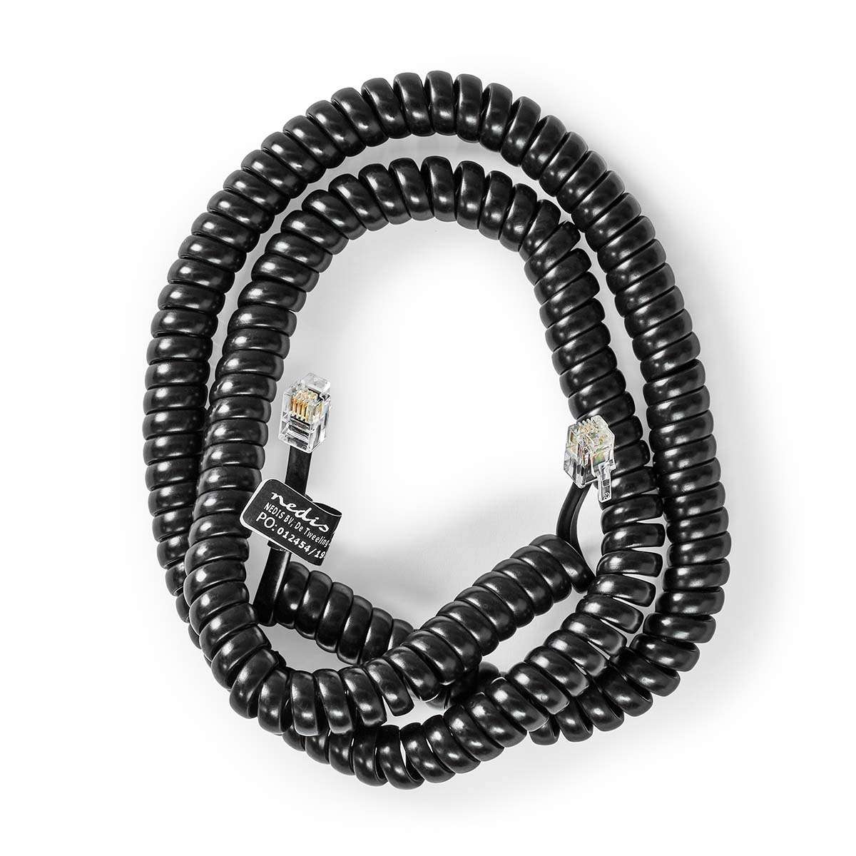 Czarny spiralny kabel telefoniczny. Kabel ma dwa złącza na każdym końcu.