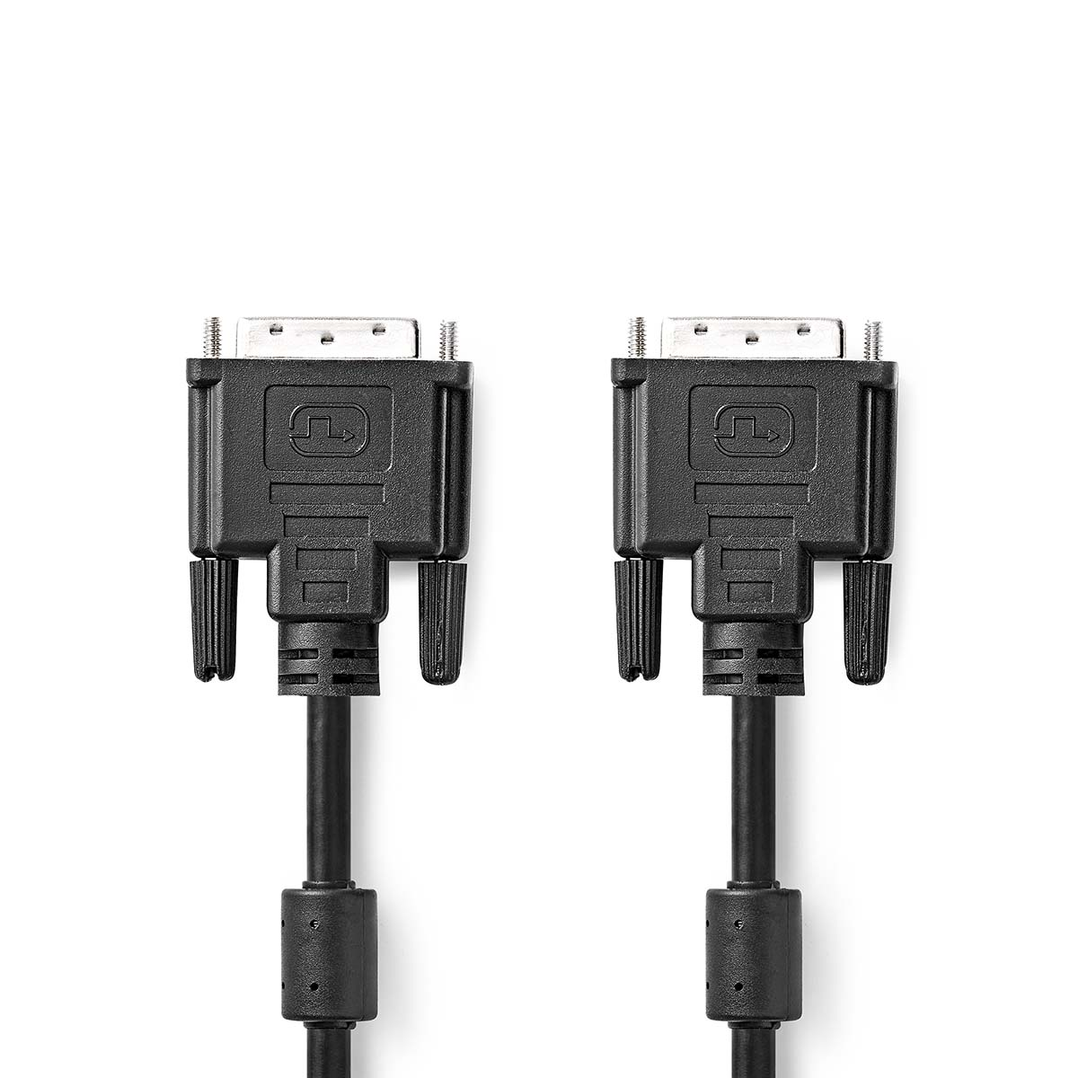 Zwei schwarze DVI-Kabel mit schwarzen Steckern auf weißem Hintergrund.