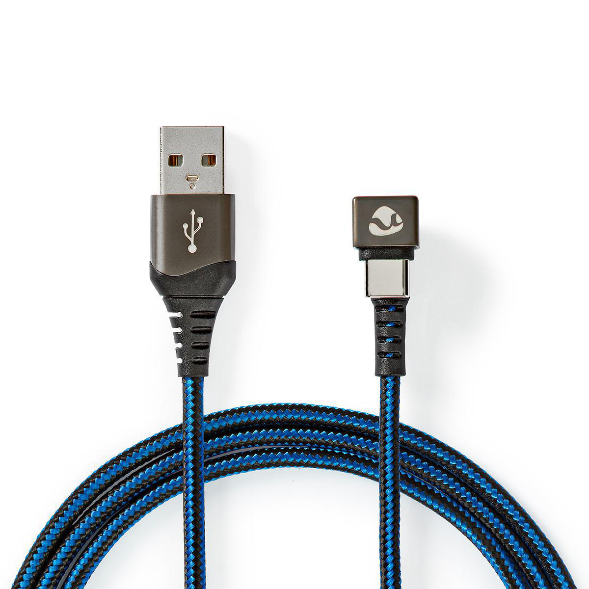 Un cavo USB nero e blu. Ha un connettore USB e USB-C. Il cavo ha un motivo blu.