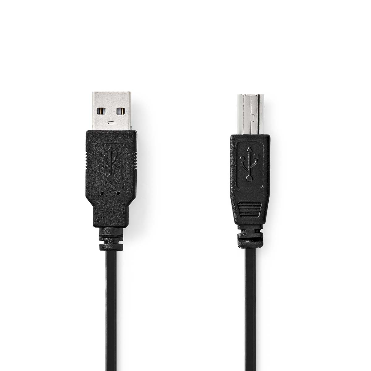 Zwei schwarze USB-Kabel mit unterschiedlichen Steckerköpfen, vor weißem Hintergrund.