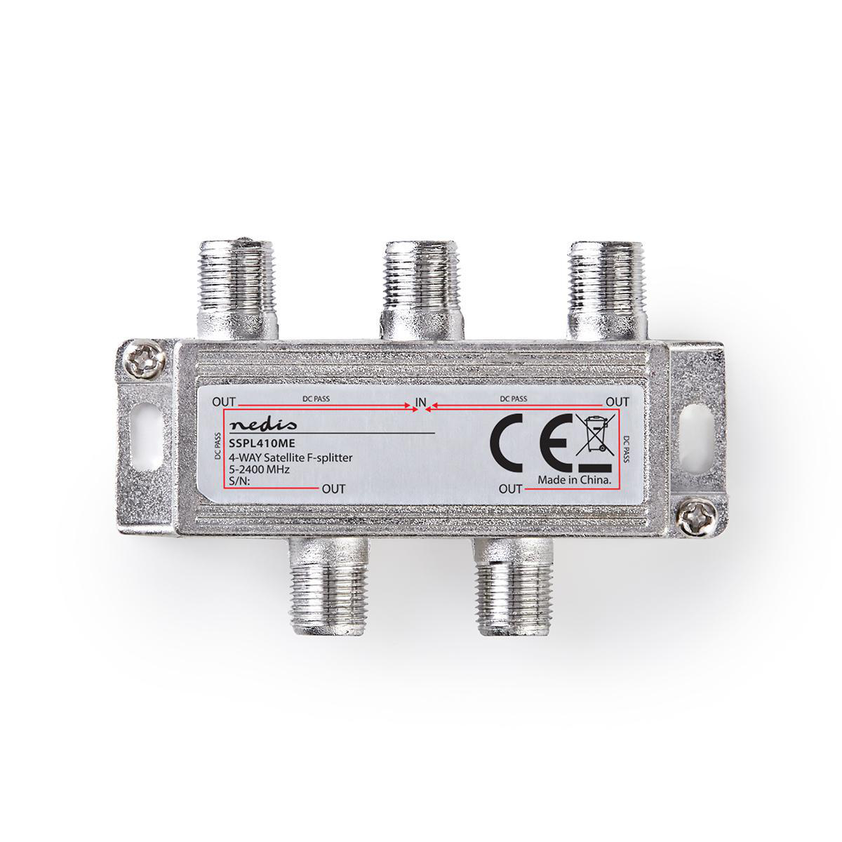 Silver satellite splitter with three connectors. Text on the device, white background, top view.