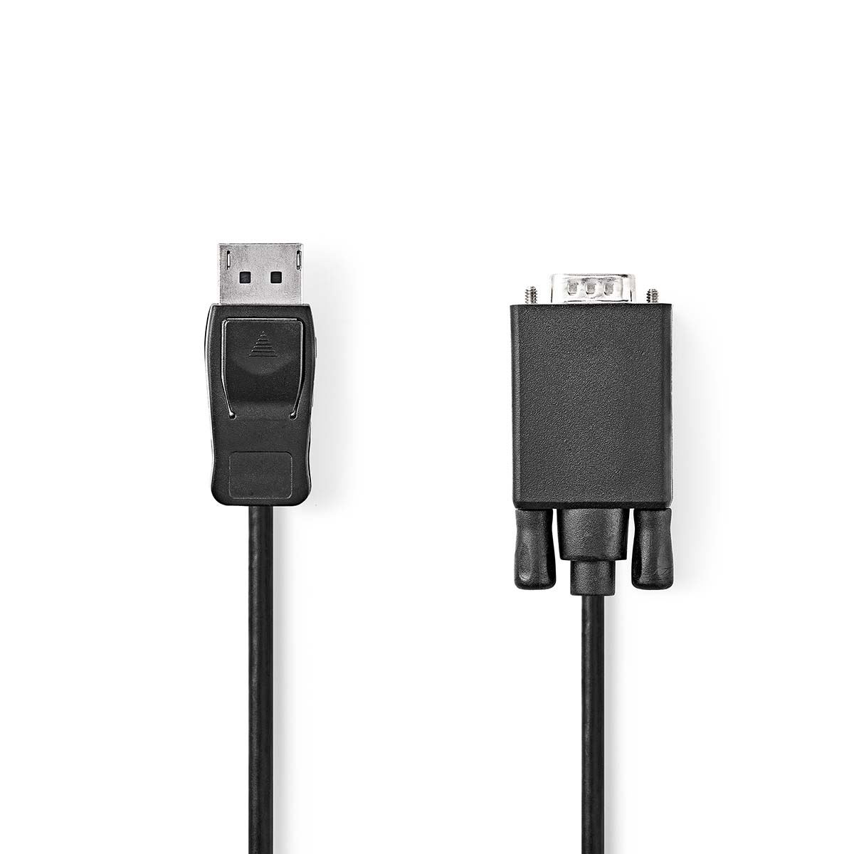 Cable DisplayPort a VGA. Conectores negros. Fondo blanco.