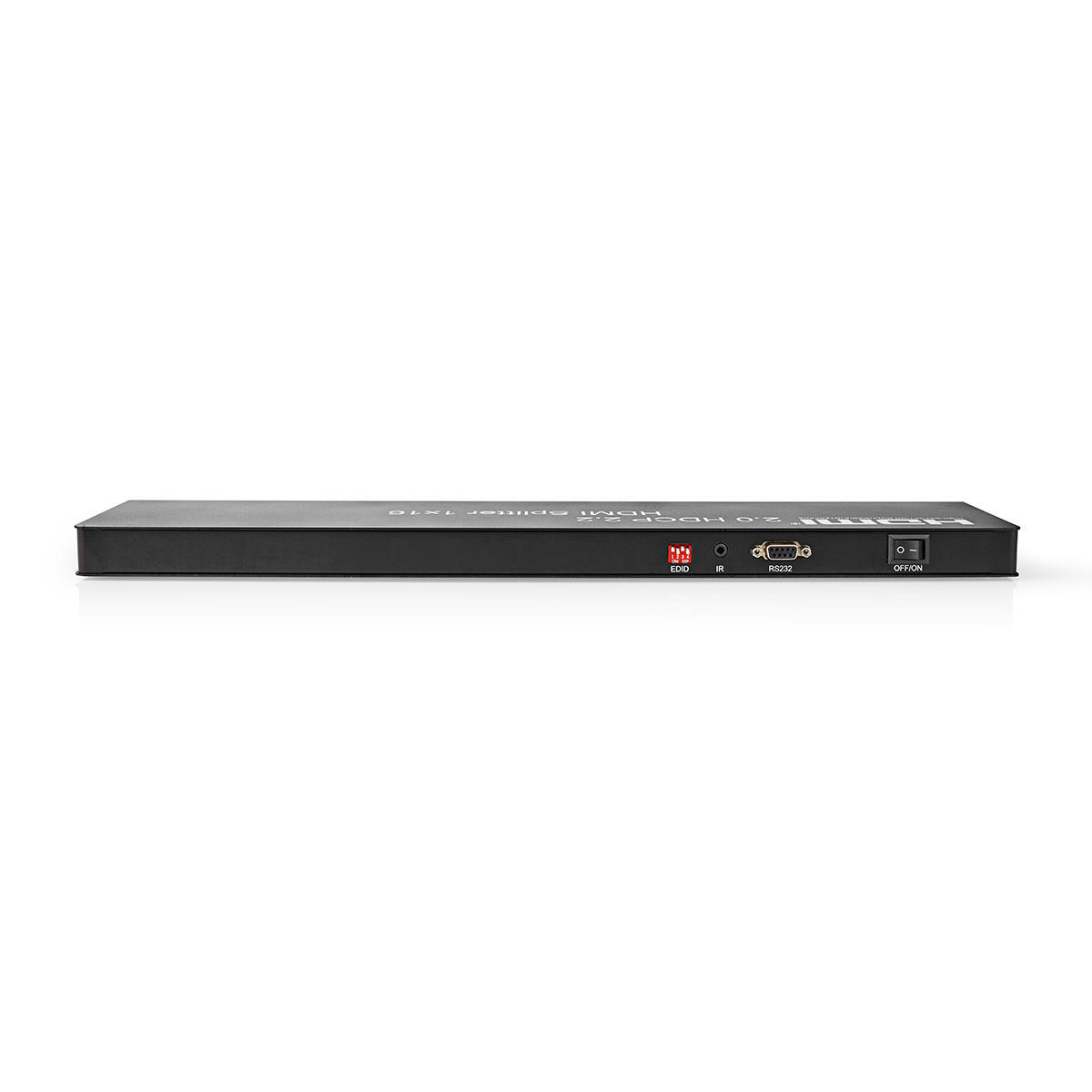 Zwarte HDMI-splitter met meerdere poorten, gelabeld 'HDMI Splitter 1x16'.