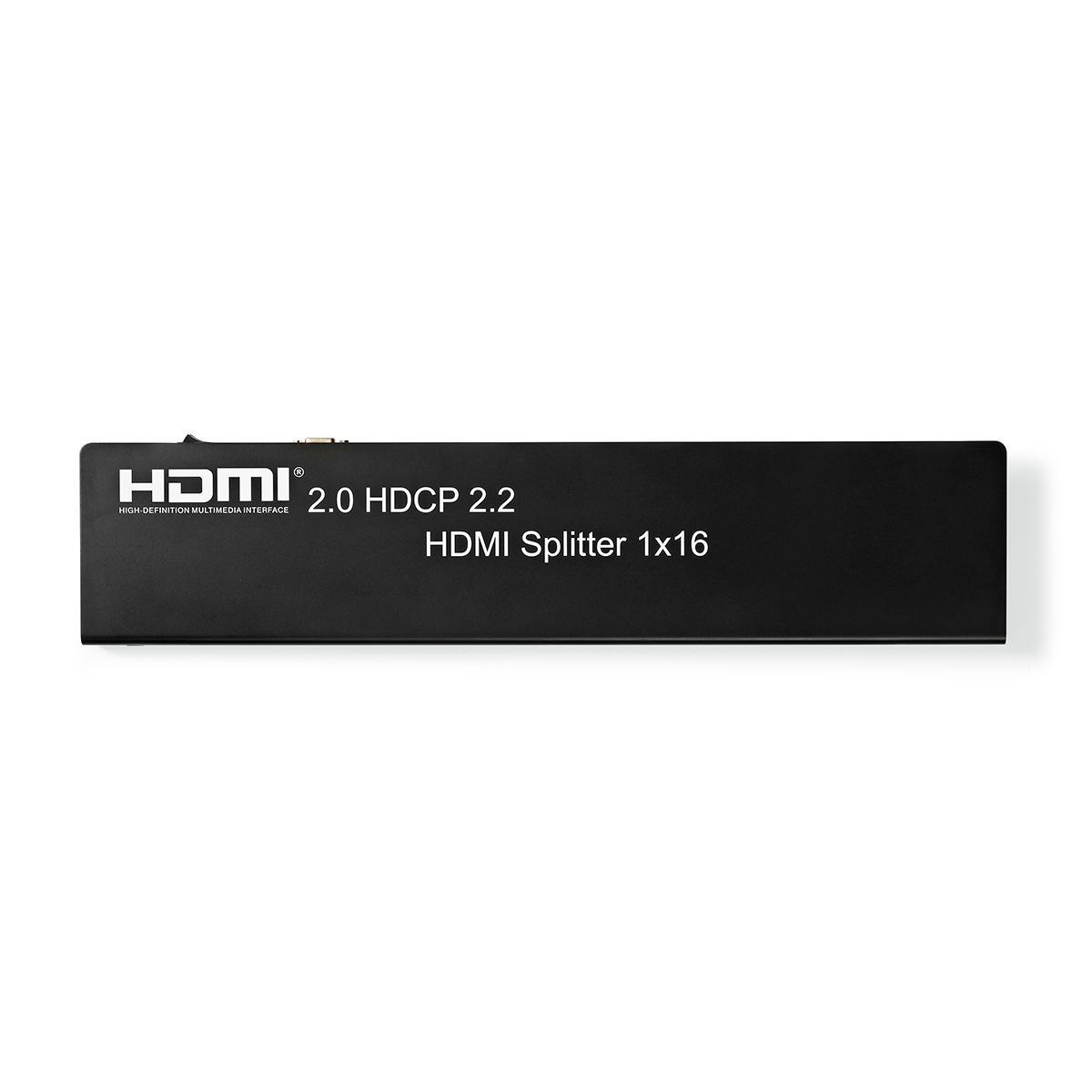Zwarte HDMI-splitter met HDMI-logo en tekst op witte achtergrond.
