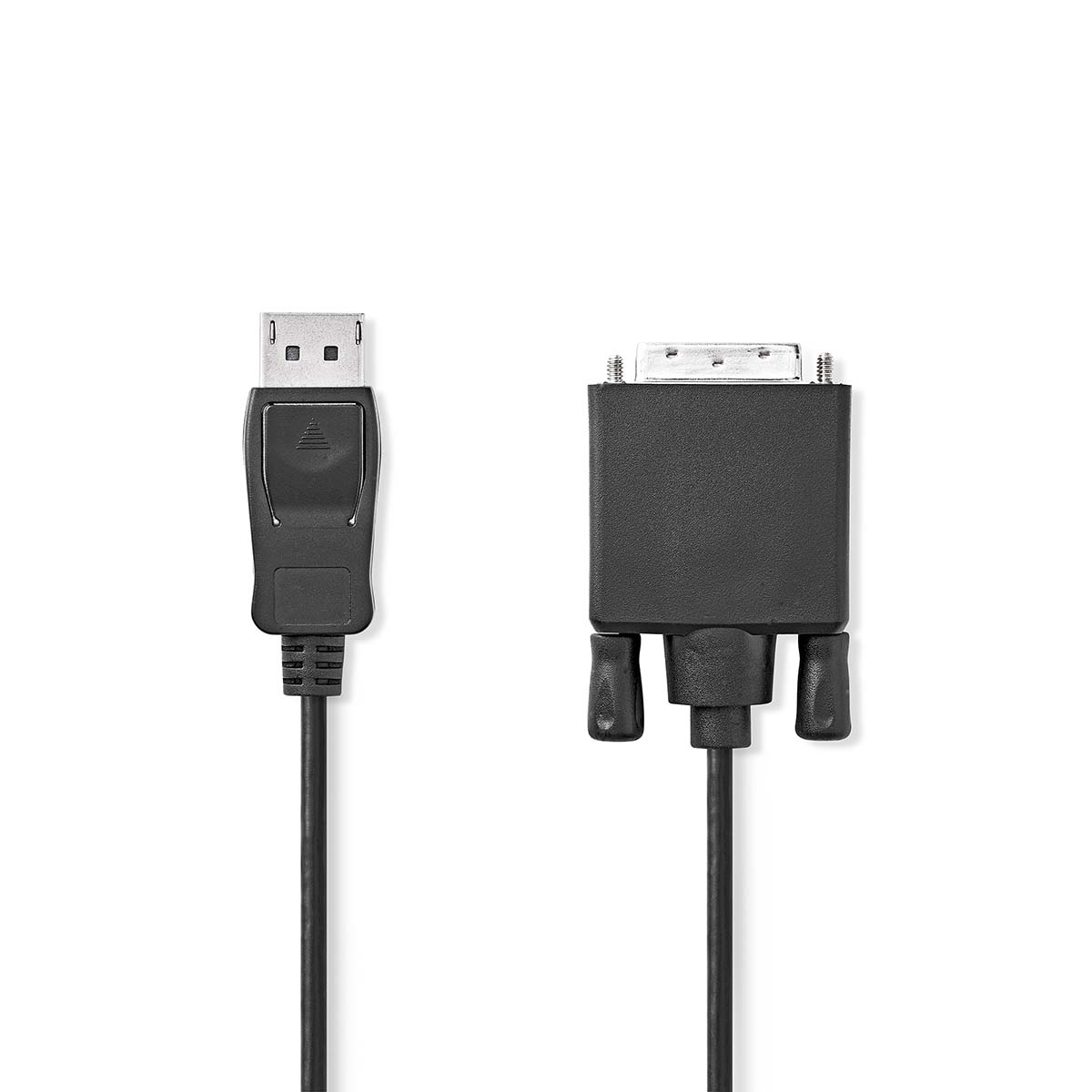 Un cable negro con un conector DisplayPort y un conector DVI sobre un fondo blanco.