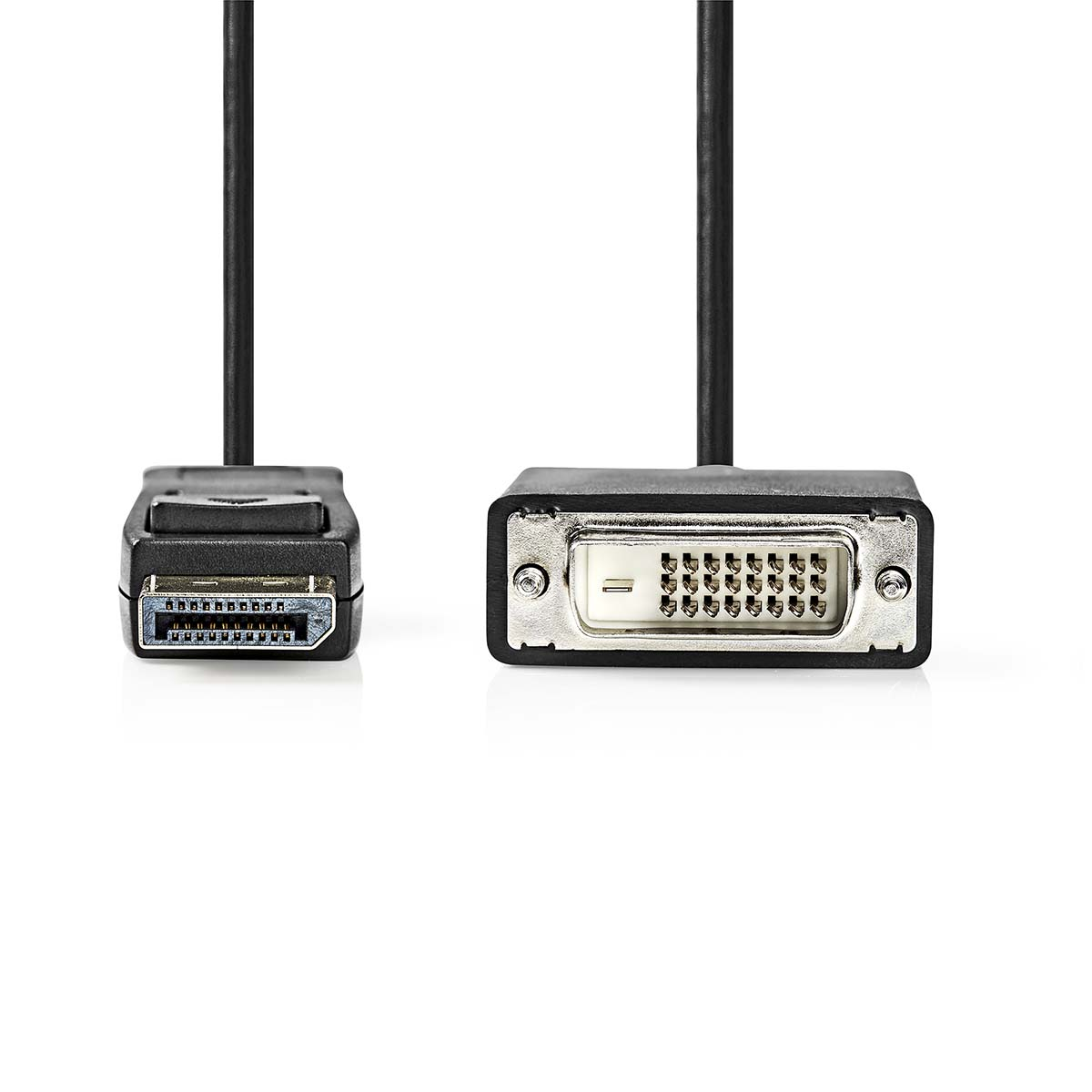 Adaptador DisplayPort a DVI negro. Un extremo es DisplayPort, el otro es un conector DVI.