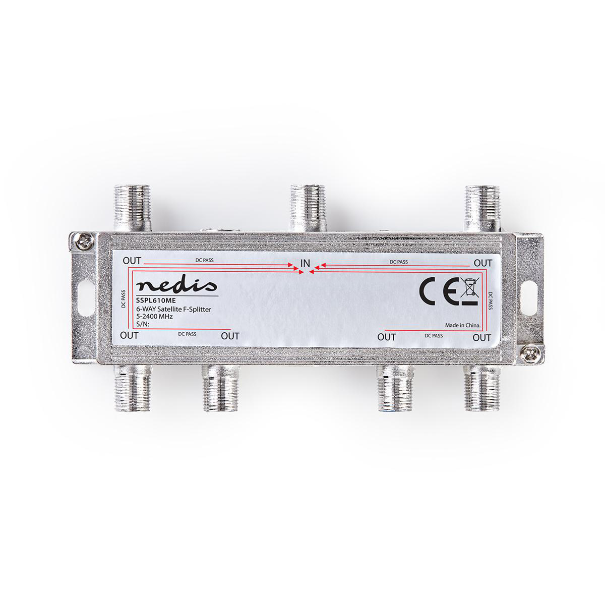 A silver 6-way satellite splitter with multiple input and output ports. White background.