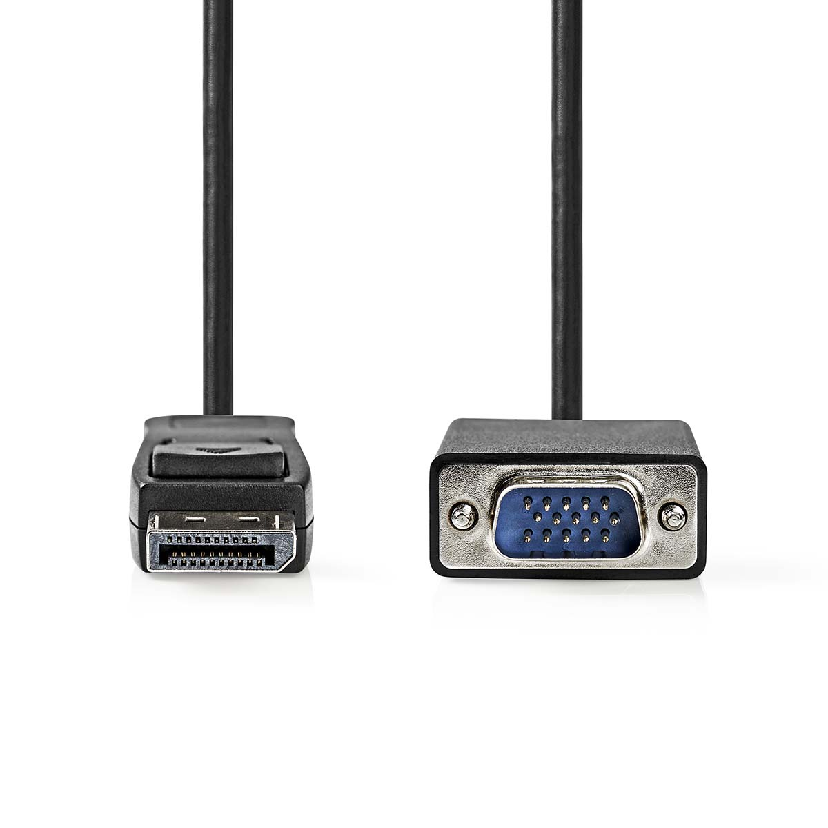 Cable negro de DisplayPort a VGA. Un extremo es DisplayPort, el otro es VGA.