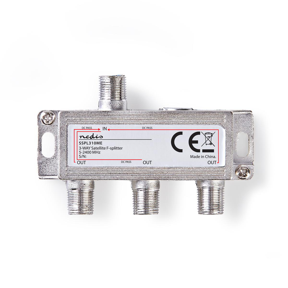 A silver satellite splitter with multiple ports on white background.