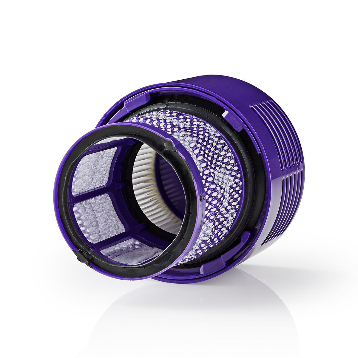 Purple and black vacuum cleaner filter on white background, with visible mesh.