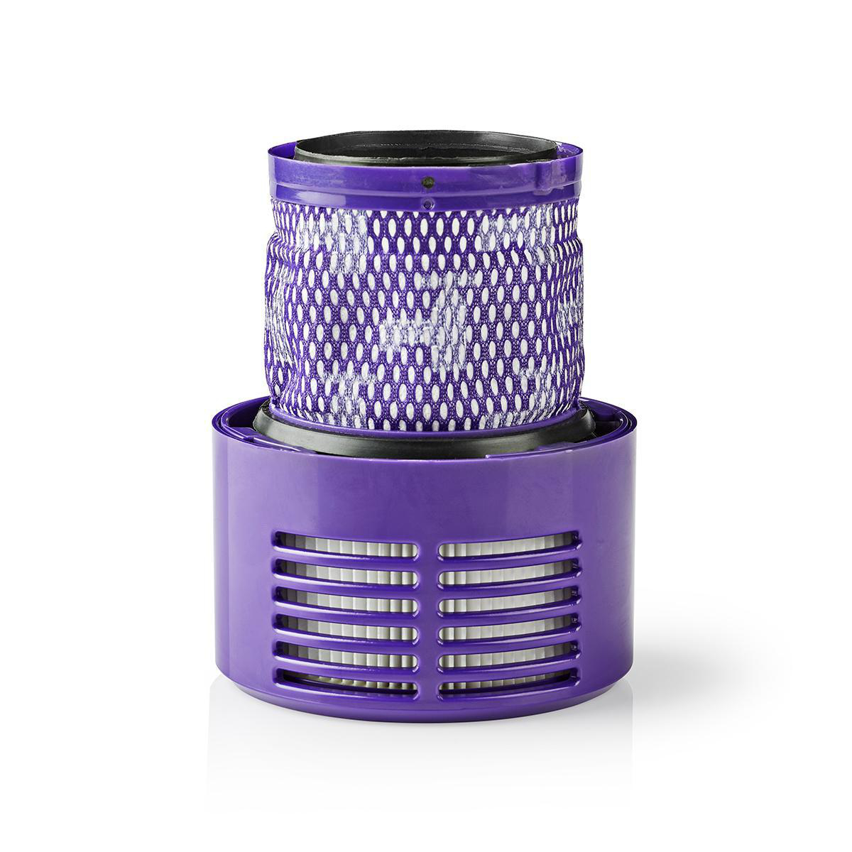 Purple and white vacuum cleaner filter on a white background.