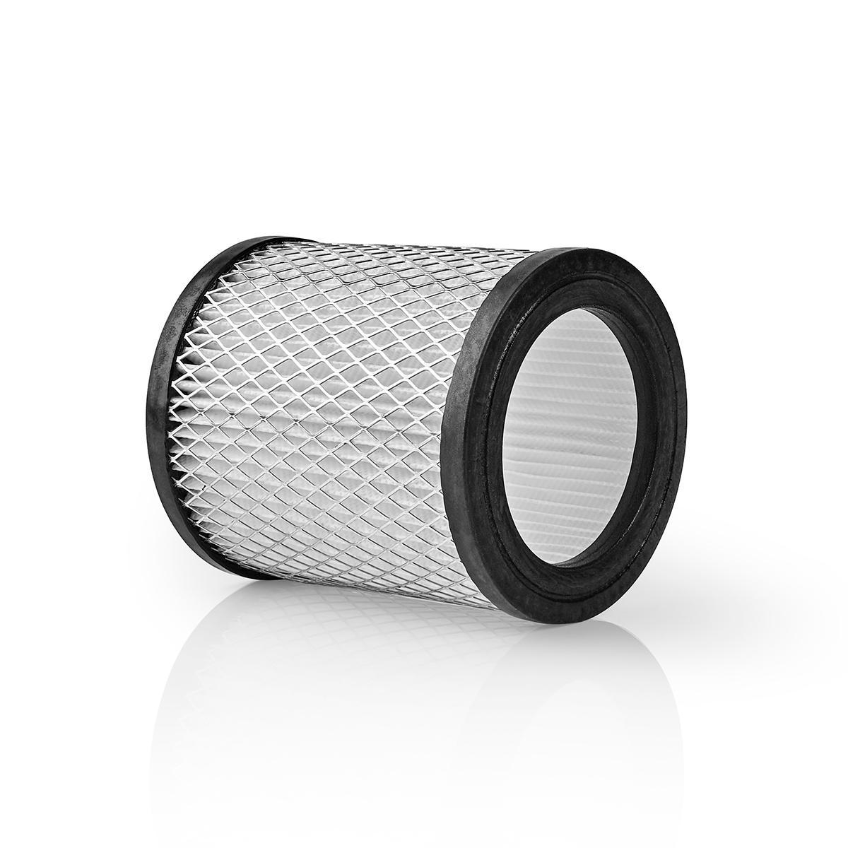 Cylindrical air filter with black rims, and a diamond-patterned filter material.