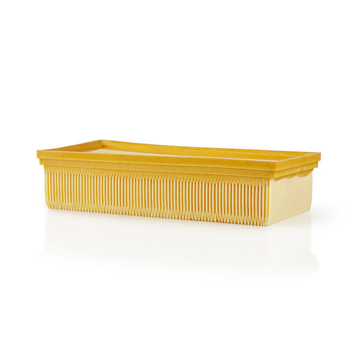 Filtro dell'aria rettangolare giallo con creste verticali, lati beige e sfondo bianco.