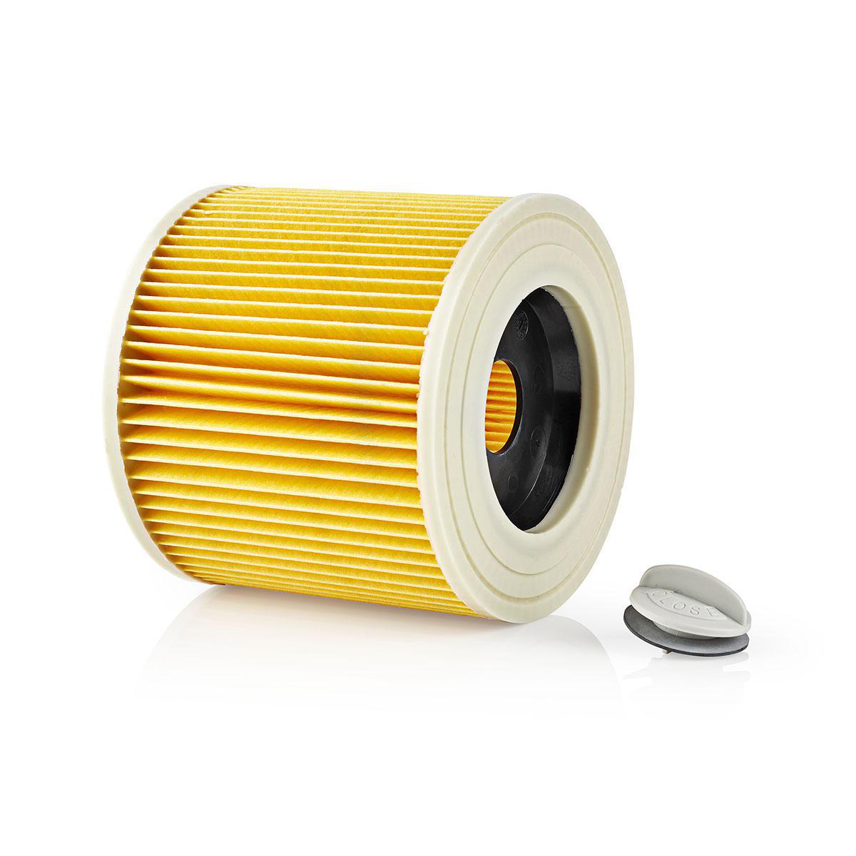 A yellow and white pleated filter with a black center and a gray cap, on white.