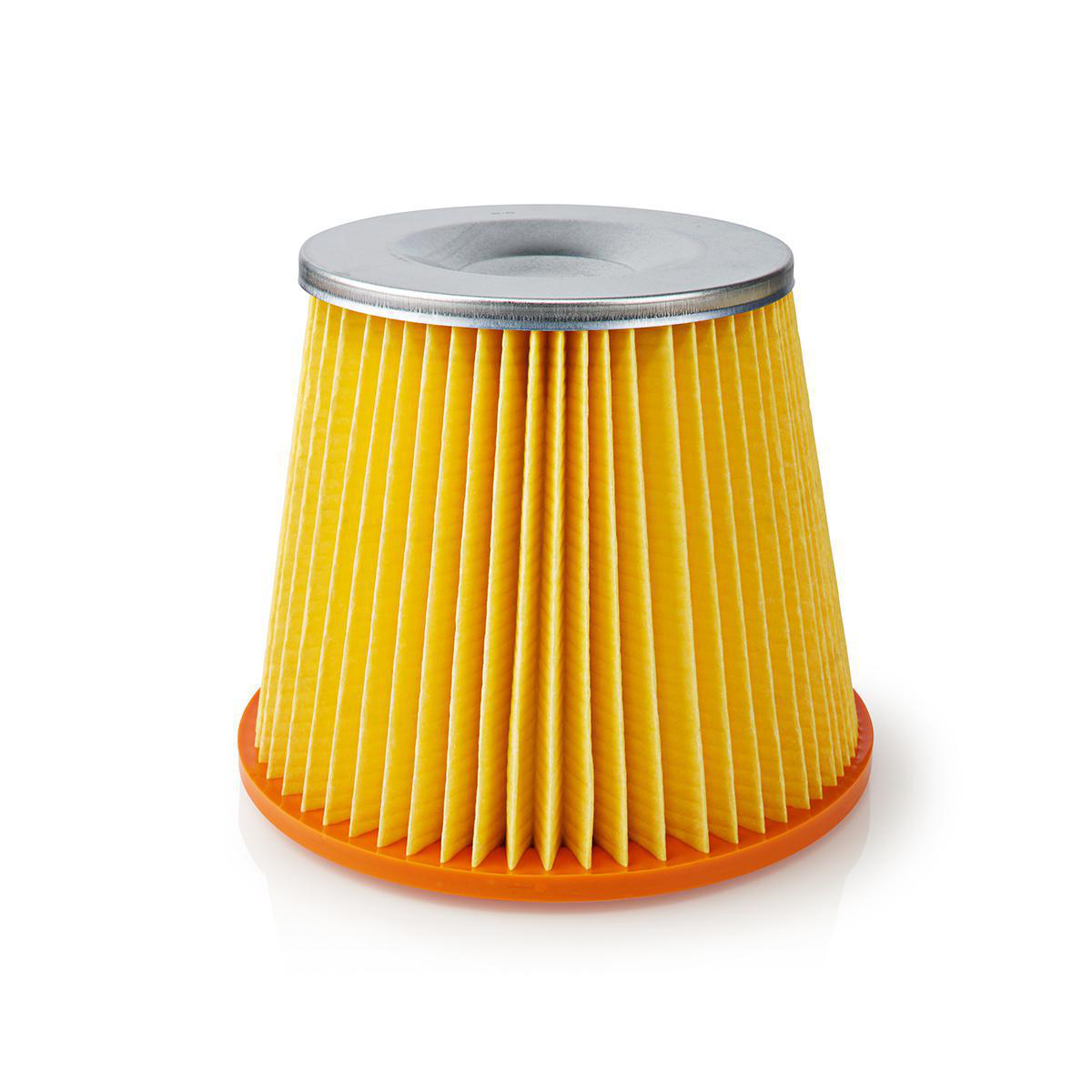 Yellow pleated air filter with orange base and silver top, against a white background.