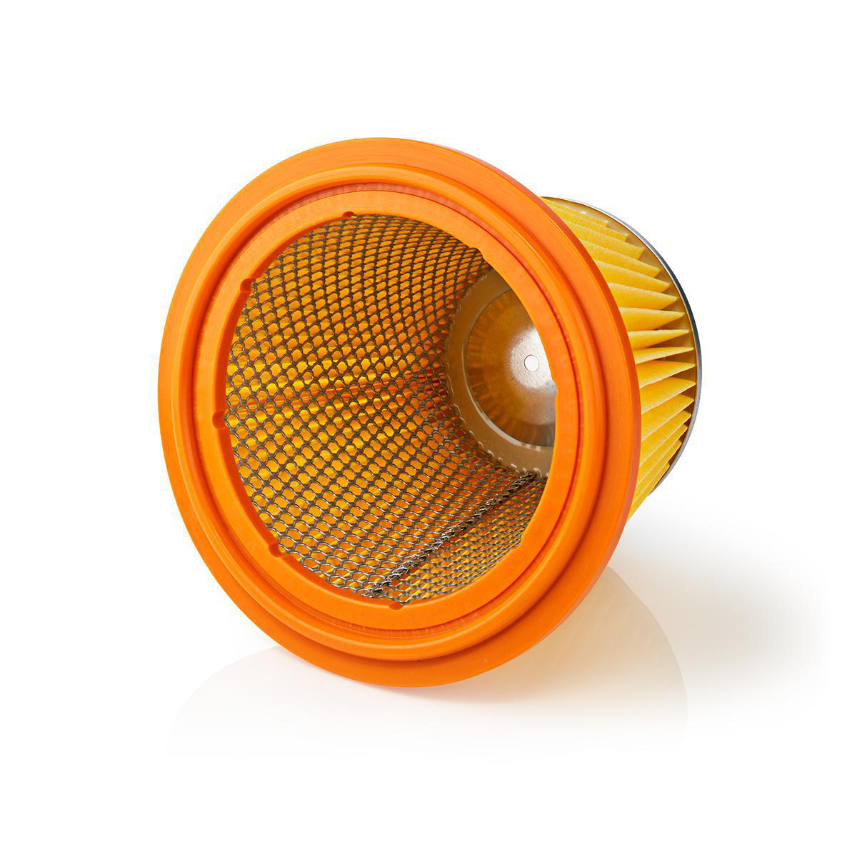 Orange and yellow air filter with a mesh screen.