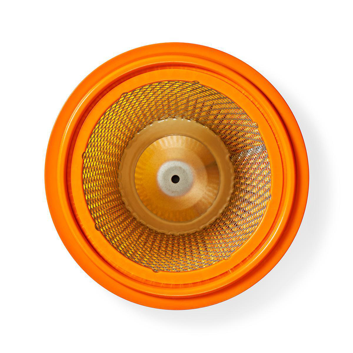 An orange air filter with a yellow mesh interior on a white background.