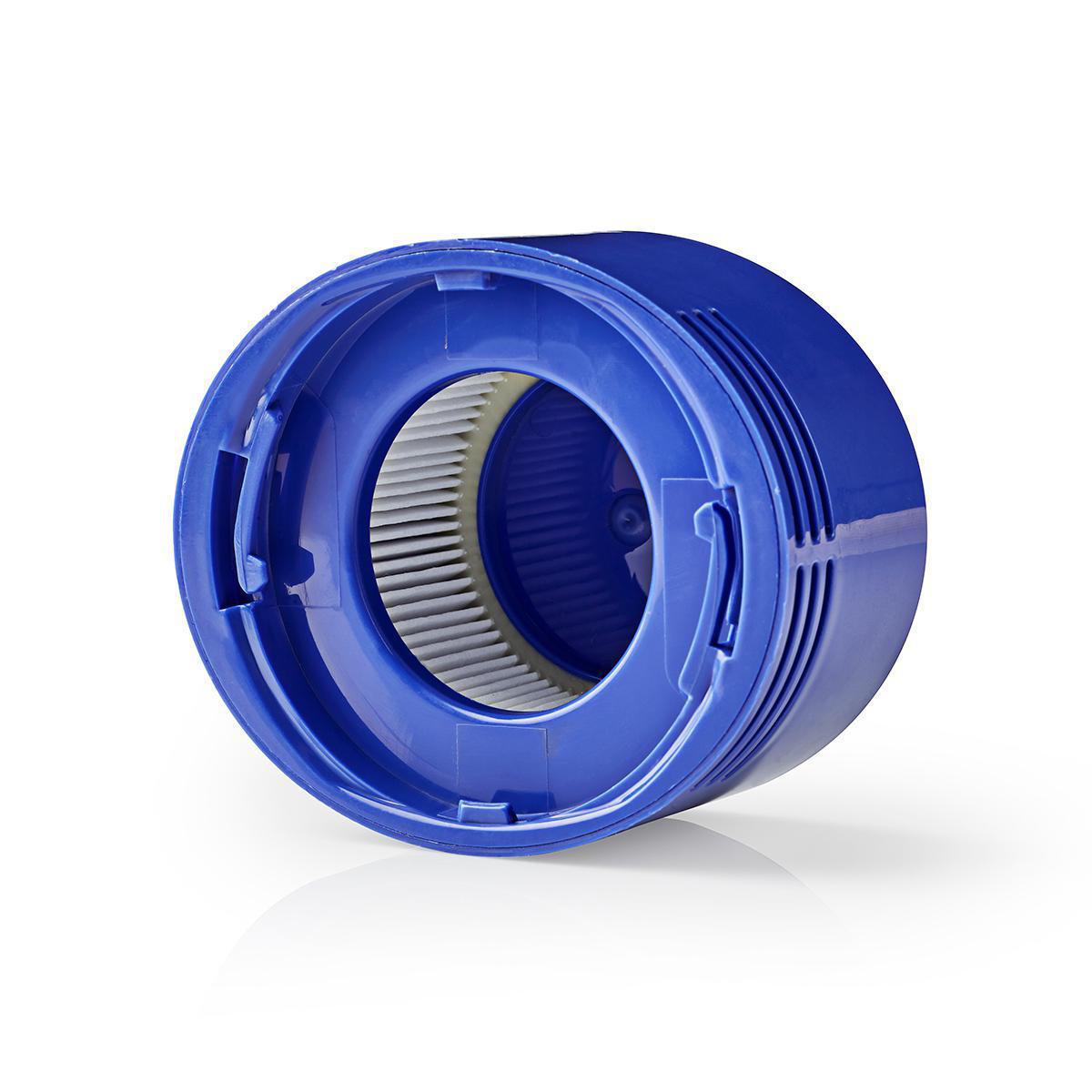 Blue vacuum cleaner filter with a white and grey filter inside. White background.
