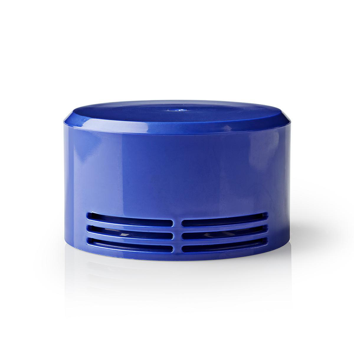 Blue cylindrical air purifier with horizontal vents. White background.