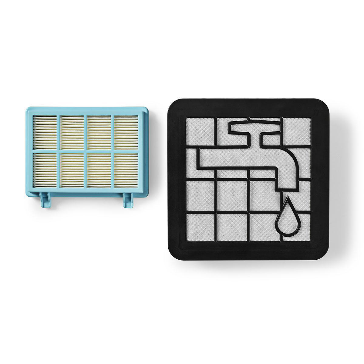 Twee stofzuigerfilters: blauw rechthoekig en zwart met een wit rasterontwerp.