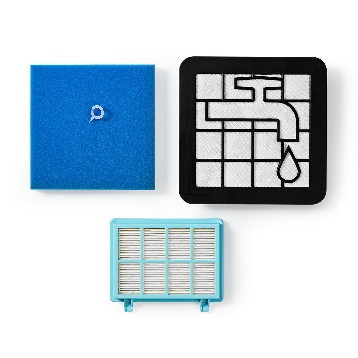 Blauw, vierkant filter en twee andere filters met verschillende ontwerpen.