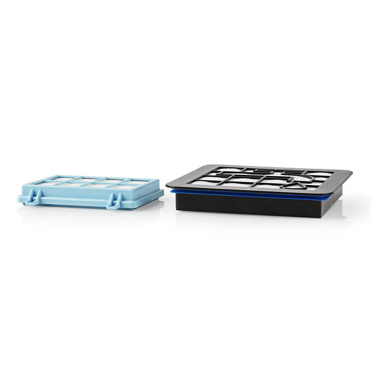Twee luchtfilters. Eén blauw, één zwart. Rechthoekige vorm. Witte achtergrond.