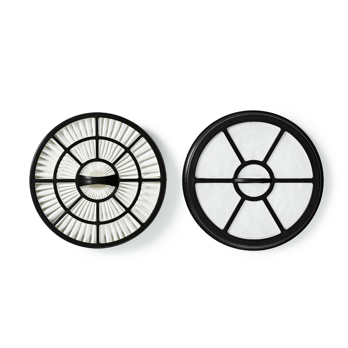 Two round vacuum filters. One side white, the other black with a white filter inside.
