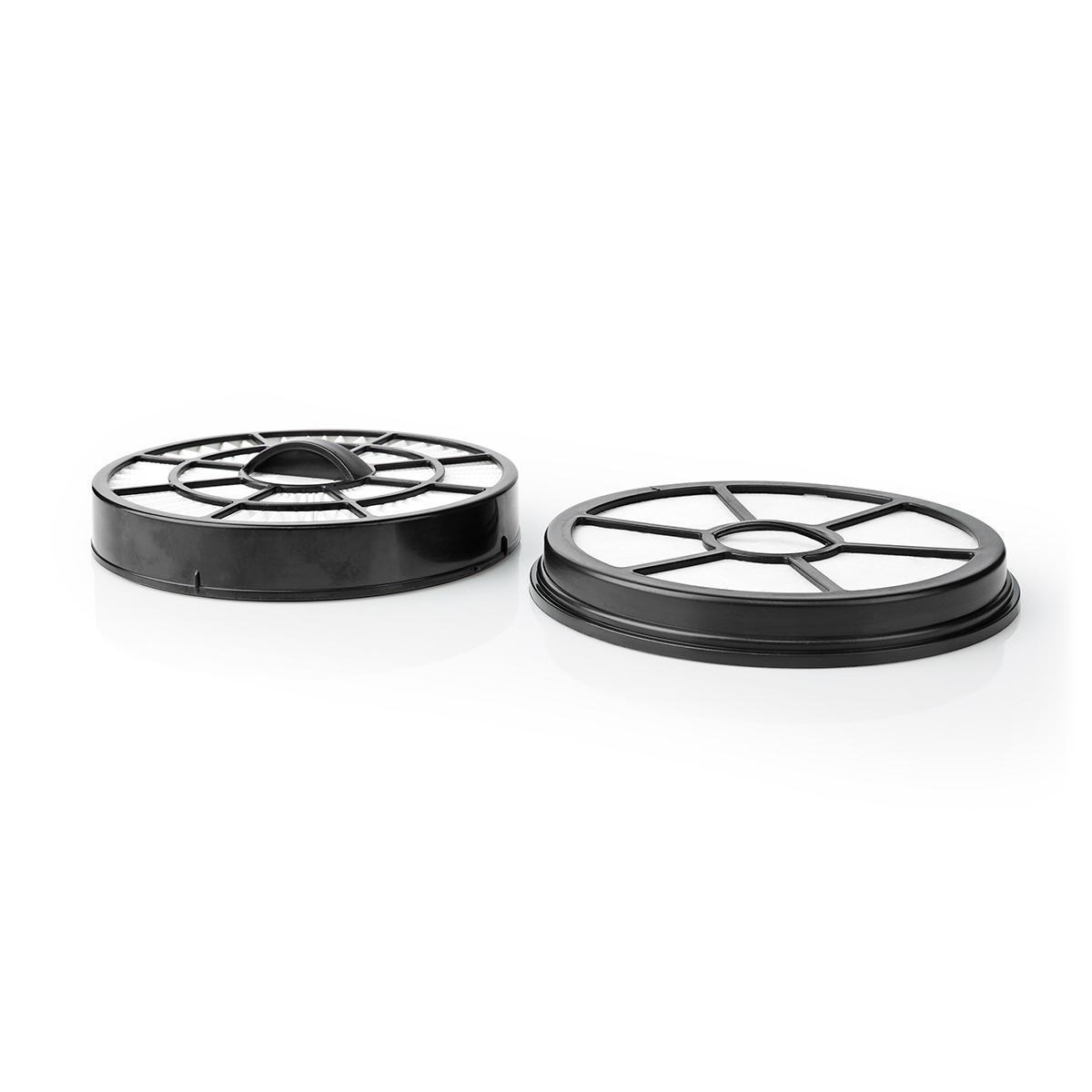 Two black vacuum cleaner filters with white filter media.