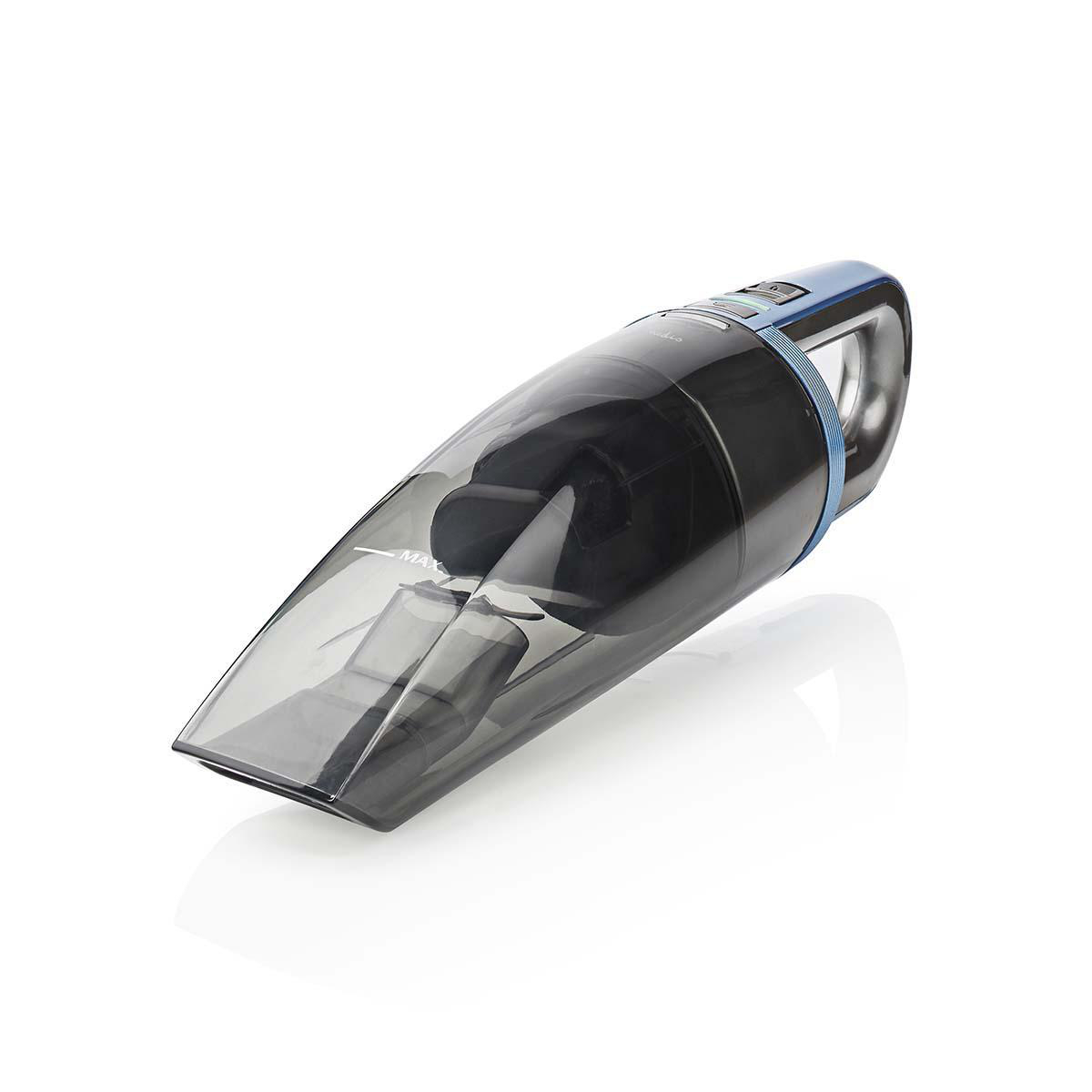 A black and blue handheld vacuum cleaner on a white background.