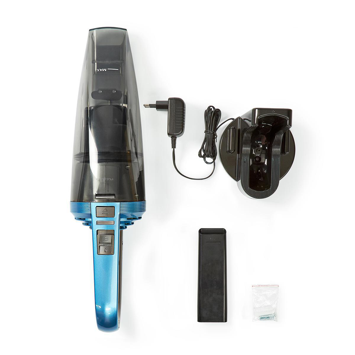 Cordless vacuum cleaner with charger, holder, and accessories on white.