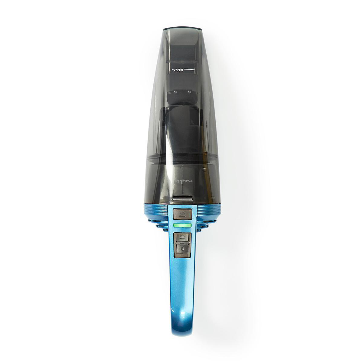 Blue and black handheld vacuum cleaner on white background.