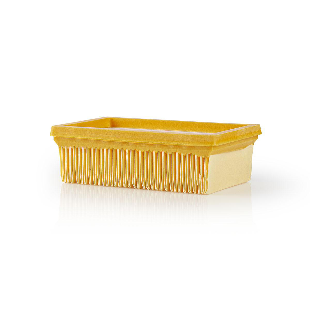 A rectangular yellow filter with a white frame, on a white surface.