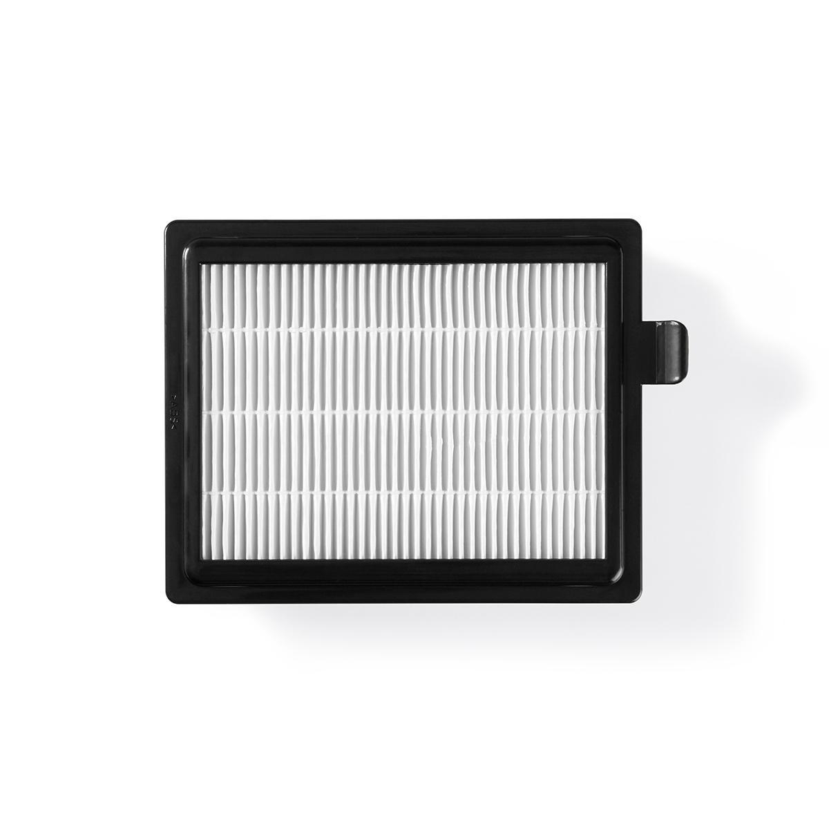 A black air filter with a white internal grid and a handle on a white background.
